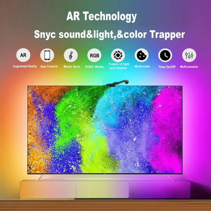 Bande lumineuse LED RGBIC pour téléviseur avec caméra, contrôle par application, synchronisation musicale, lumières intelligentes pour salle de jeu, éclairage ambiant 55-75 pouces