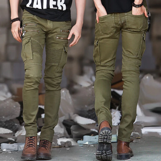 Jean Motard Denim Vert Homme — Slim Élastique Hip Hop Militaire Cargo