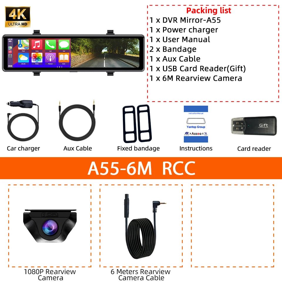 Yangood 4K Mirror Dash Cam DVR Supports Wireless Carplay and Android Auto Loop Recording 24H Parking Monitoring Dashboard Camera
