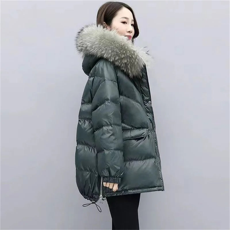 Veste en duvet de coton pour femme, mi-longue, Version coréenne, ample, épaisse, grand col en laine, à capuche, nouvelle collection hiver 2024