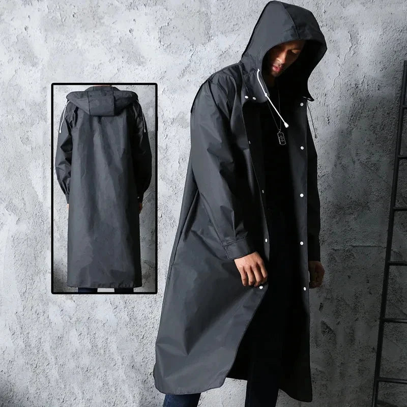 Imperméable long noir de mode pour adultes, imperméable pour femmes et hommes, avec capuche, pour la randonnée en plein air, les voyages, la pêche, l'escalade, épaissi