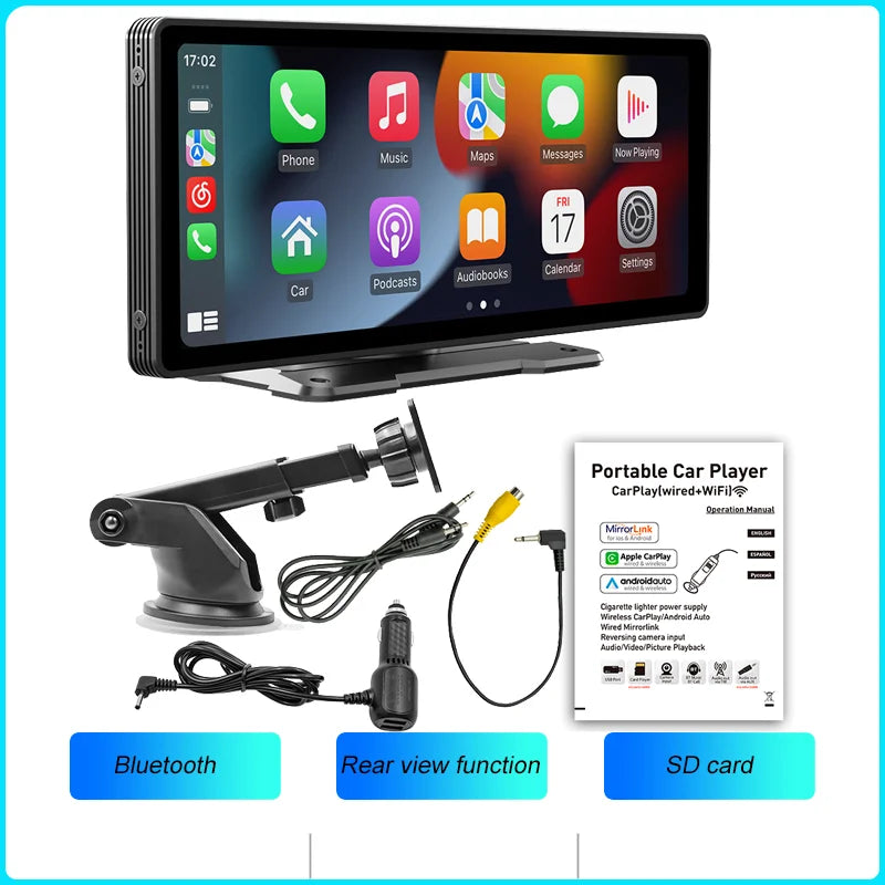 BQCC-Pantalla portátil inalámbrica Carplay, cámara trasera HD, autorradio DVR, reproductor de vídeo MP5, Android Auto, 10.26 pulgadas