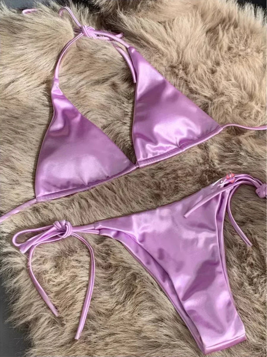 Licou brésilien métallique Satin Bikini femmes maillots de bain femme maillot de bain deux pièces Bikini ensemble coupe haute maillot de bain maillots de bain