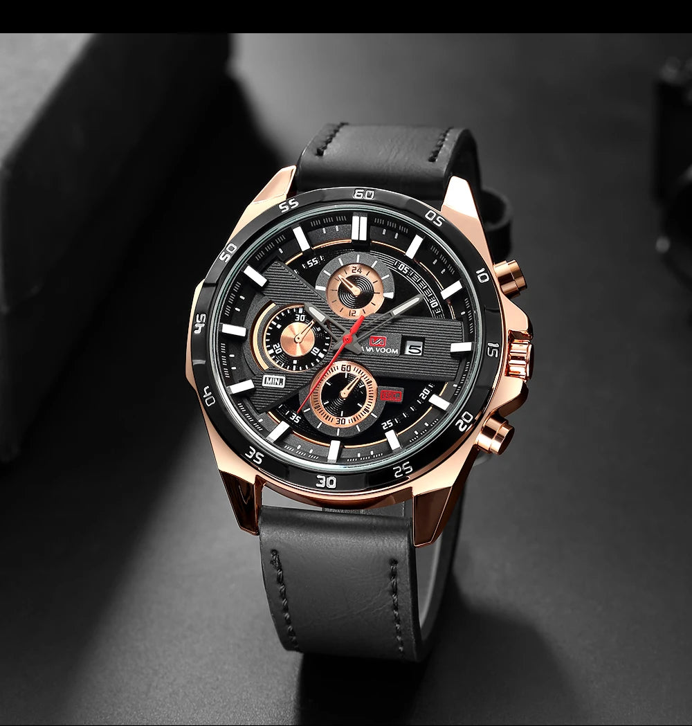 Montres de sport pour hommes, série de course de mode, 46mm, horloge en cuir noir VA VA VOOM, mouvement à Quartz 3Bar, montre-bracelet étanche pour hommes