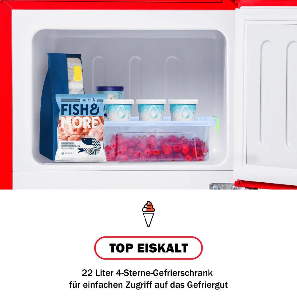 Combinaison réfrigérateur-congélateur rétro 45,5 cm de large, 2 portes 60 litres de volume total, volume de congélateur 22 litres. 102 KWh/année,