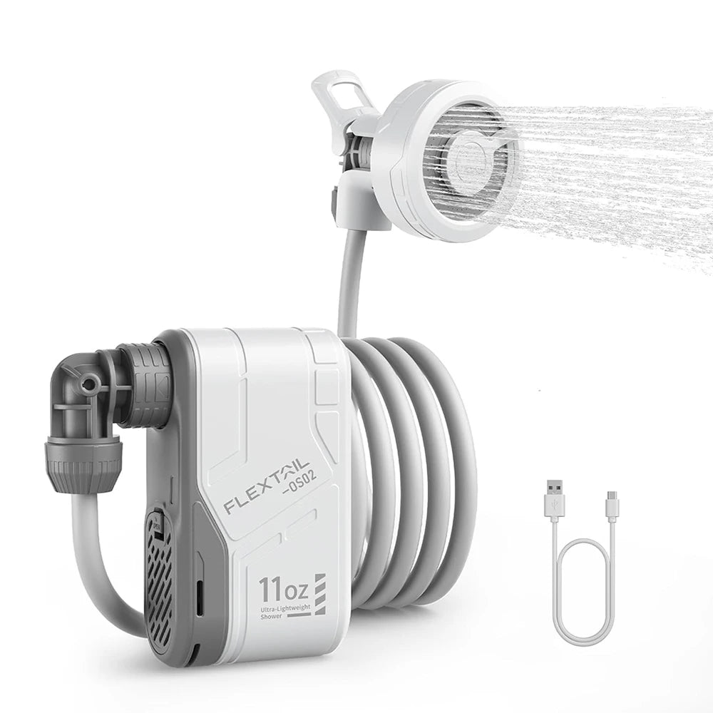 Douche de Camping Portable Électrique IPX7 — 16W, 3 L/min, Tuyau 2,2 m, USB-C