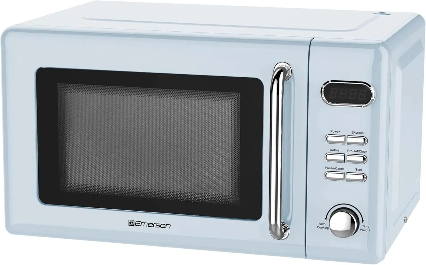 Four à micro-ondes compact rétro — commande par bouton, affichage LED, 700W, 5 niveaux de puissance, 8 menus automatiques, verre