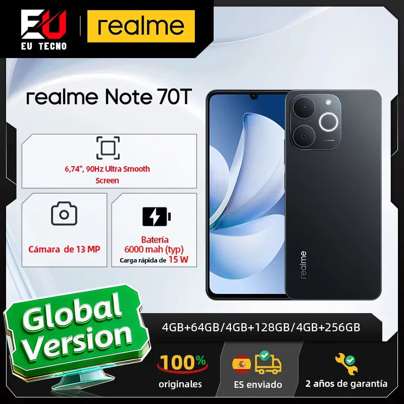 Realme Note 70T Smartphone — 6,75" 90Hz, 6000 mAh, 13 MP IA, Octa-Core, IP54, Version Mondiale