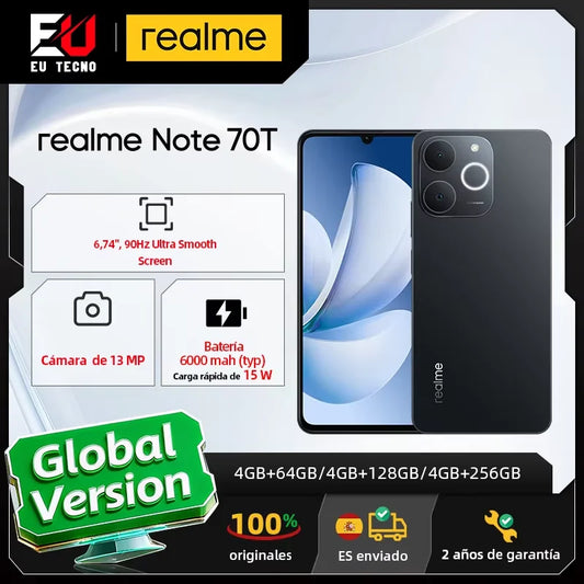 Realme Note 70T Smartphone — 6,75" 90Hz, 6000 mAh, 13 MP IA, Octa-Core, IP54, Version Mondiale