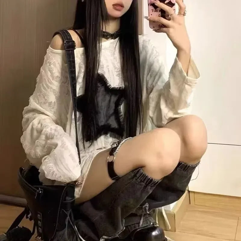 Liquidation_Harajuku trendy star hollow out long sleeve t-shirts Korean Kawaii Ropa Mujer casual Y2k t-shirt clothes