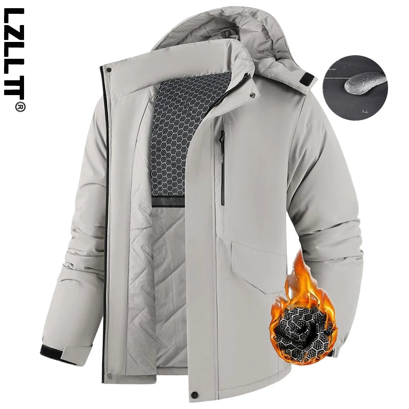 Men's thick waterproof winter jacket, windproof, detachable hood, multi-pockets, work windbreaker, Safari