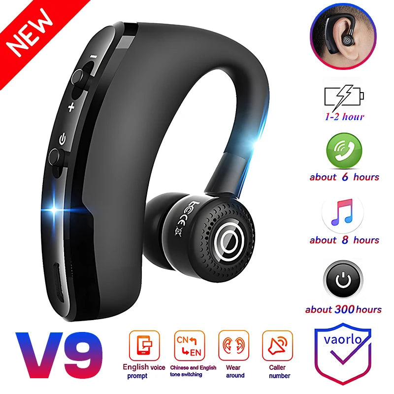 Auriculares Bluetooth VAORLO V9 deportivos para conducir, auriculares inalámbricos con micrófono HD, llamadas manos libres estéreo, auriculares de negocios Muics V8