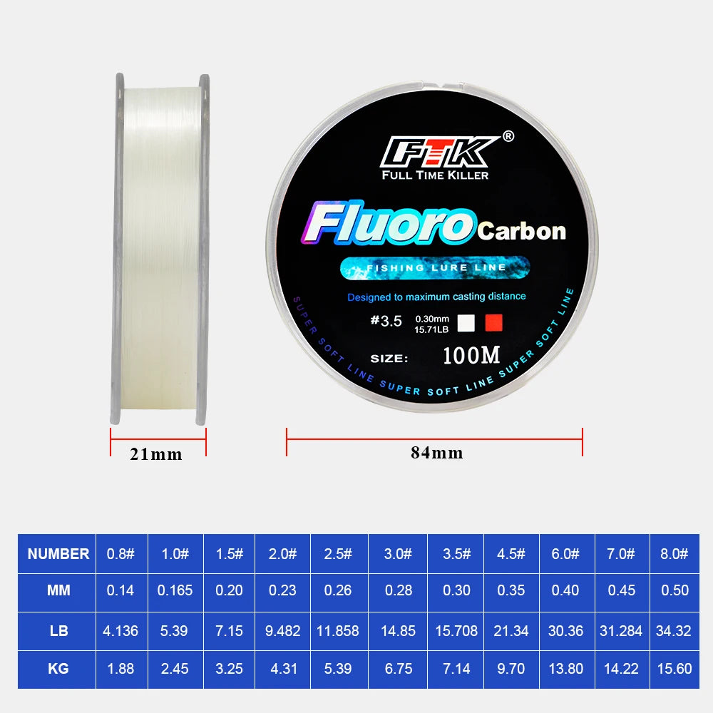 FTK 100M ligne de pêche à revêtement fluorocarbone 0.14mm-0.5mm 4.13LB-34.32LB ligne Monofilament en Fiber de carbone ligne de pêche à la carpe ligne coulante