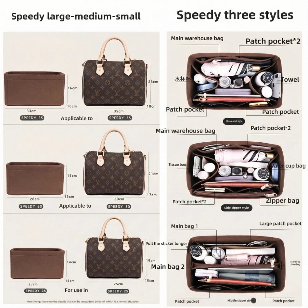Organizador de fieltro para bolso, organizador de inserción para bolso de lujo Speedy 25 30 35, neceser de maquillaje, forro moldeador, bolsa interior de viaje