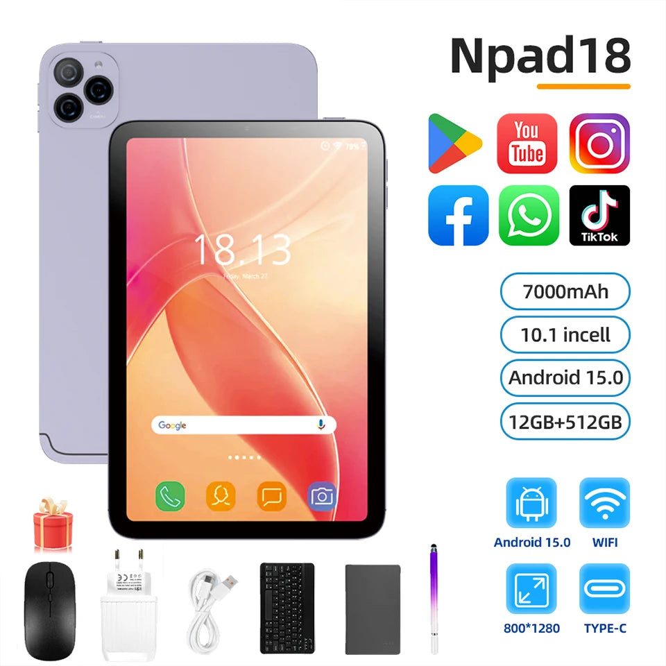 NPad 18 Pro 10.1 pulgadas Tablet Pad 1280*800 HD 12GB 512GB Android 14.0 7000mAh doble WIFI BT5.0 Tabletas con doble tarjeta SIM y doble cámara