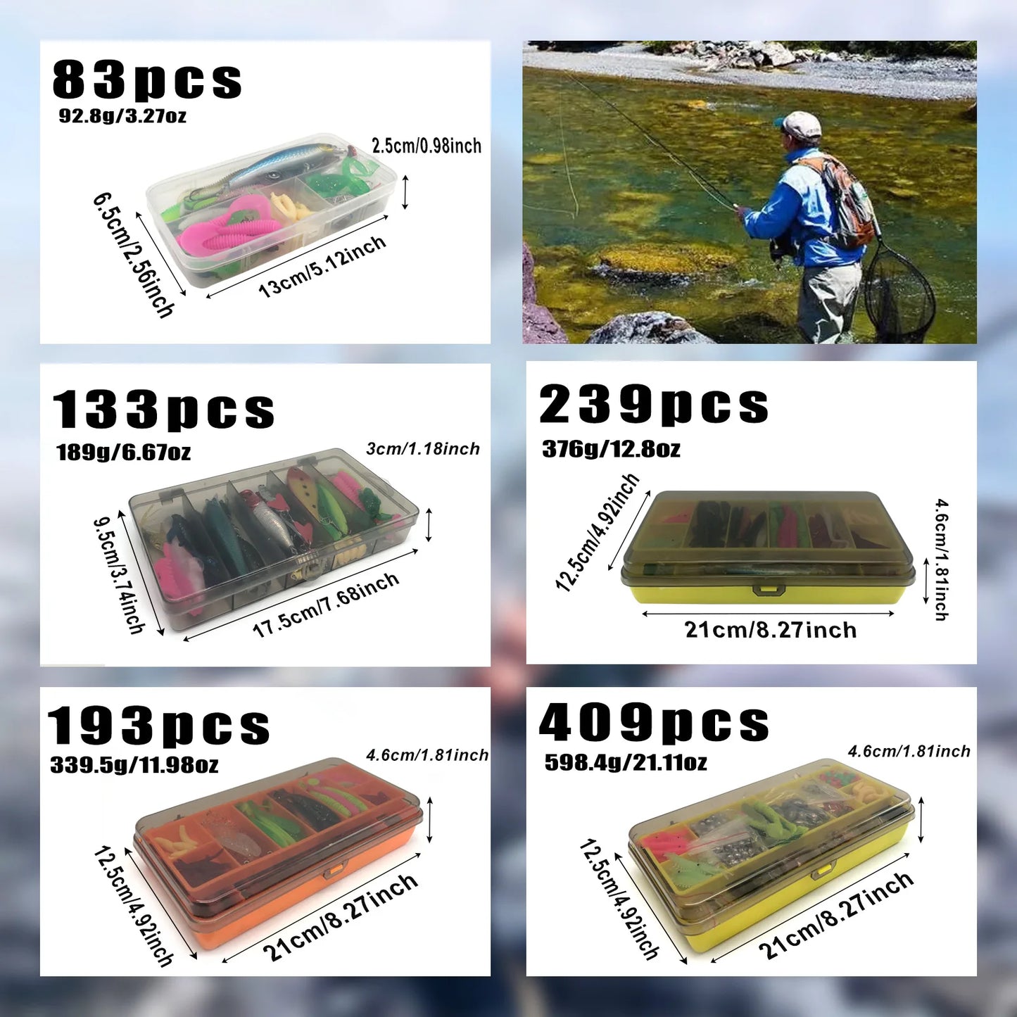 Kit de Leurres de Pêche 83/133/193/239/409 pièces pour Truite/Brochet/Perche - Ensemble Multicouches avec Équipement Pro et Boîte de Pêche Tactique