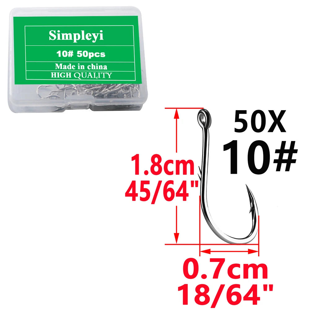 Anzuelos de pesca de acero con alto contenido de carbono, con púas, juego de anzuelos circulares individuales, lombriz marina, carpa, accesorios de pesca con mosca, anzuelo, 50 piezas por caja