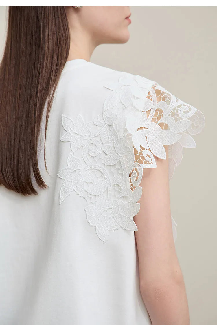 T-shirt femme 2026 été — col rond, coton, anti-transpiration, dentelle asymétrique, ample, manches courtes