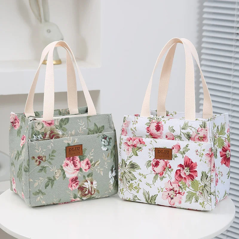 Bolsa de almuerzo estética con estampado floral, bolsa bento aislada de gran capacidad, bolsa térmica para la escuela, el trabajo, los viajes y pícnic