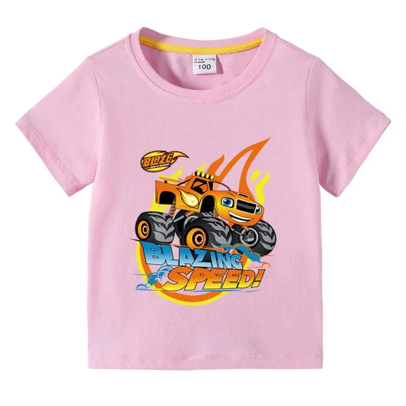 Kids' Short Sleeve Cotton T-shirt, Funny Cartoon Print, Blaze and the Monster Machines Series