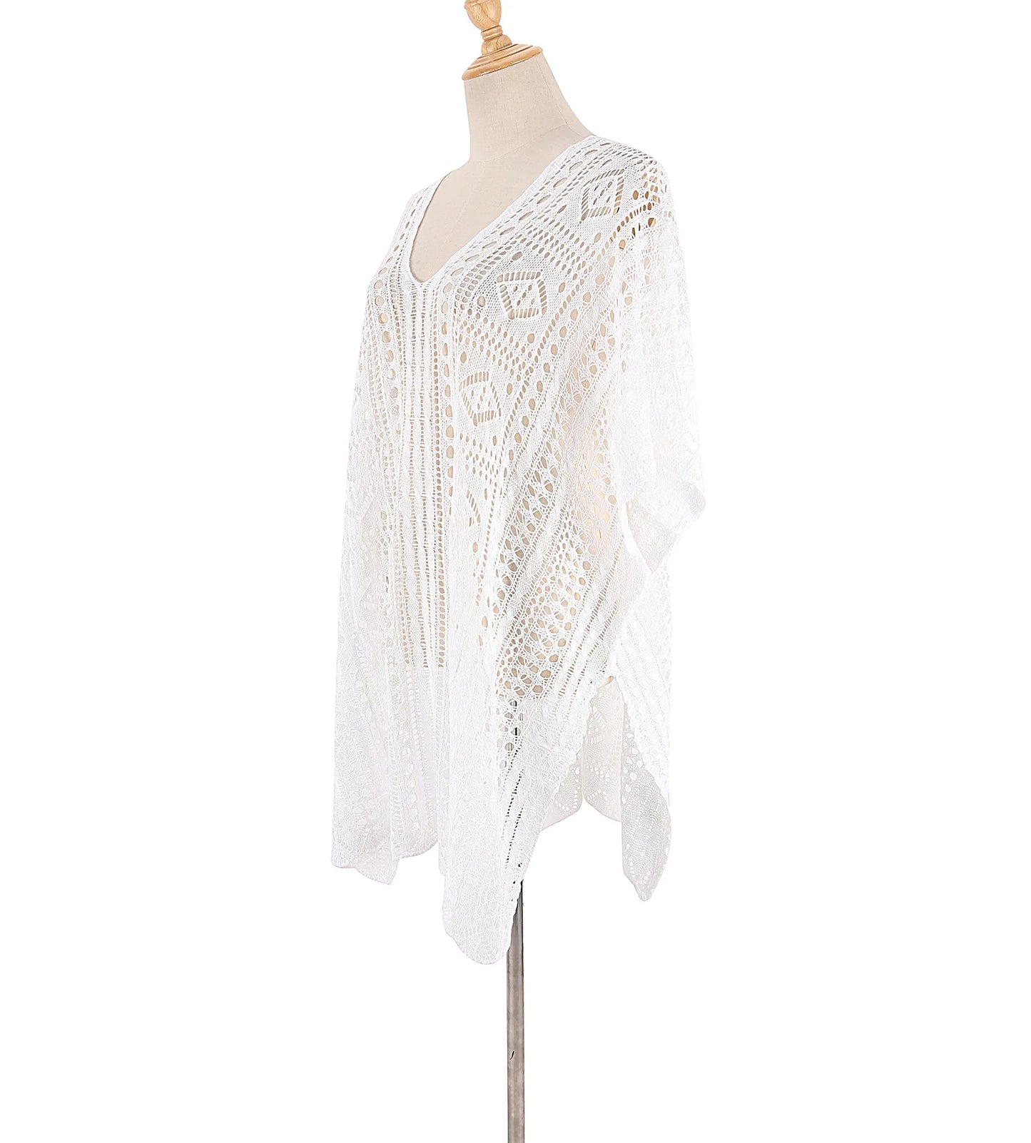 Robe tunique longue crochet blanc tricoté — plage, paréo, bikini, cache-maillot, 2025