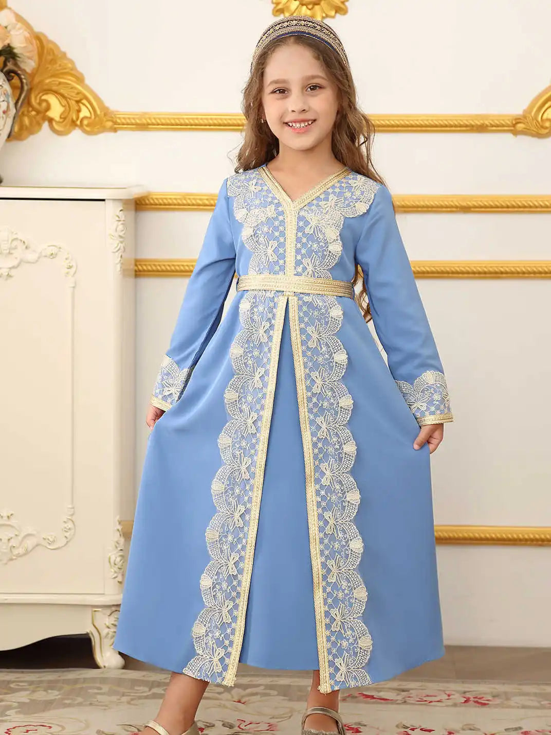 Vestido de encaje étnico de Oriente Medio marroquí para niñas musulmanas de Dubái, disfraz de Festival de Ramadán para boda islámica