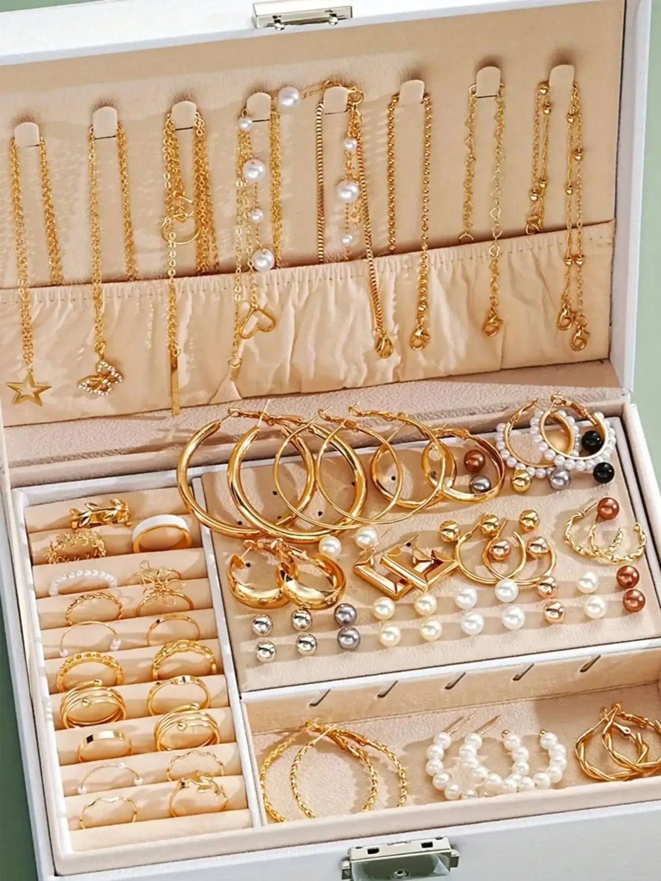 Juego de joyas de 86 piezas/conjunto de pendientes de perlas elegantes, collar multicapa, aretes, anillos, juego de joyas 4 en 1 para mujer, uso diario, regalo (sin caja)