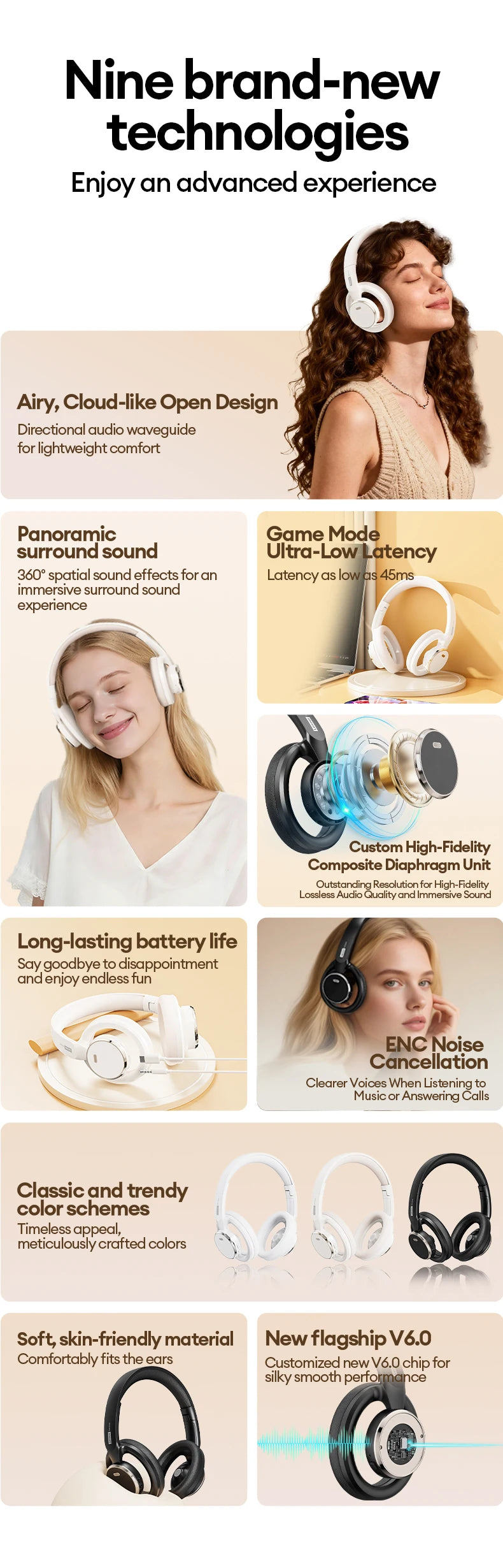 Casque gaming sans fil Bluetooth 6.0 — pliable, sport, micro HD, supra-auriculaire, cadeau