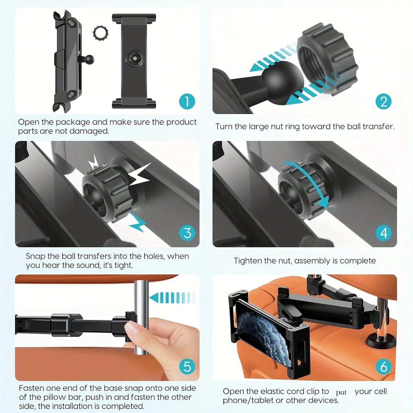 Universal car sauna rest tablet holder for iPads, and cell phones, hands-free entertainment for rear seat passengers