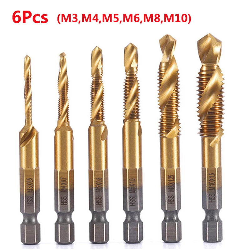 Forets tarauds plaqués titane tige hexagonale HSS — M3, M5, M6, M8, M10, outils à main
