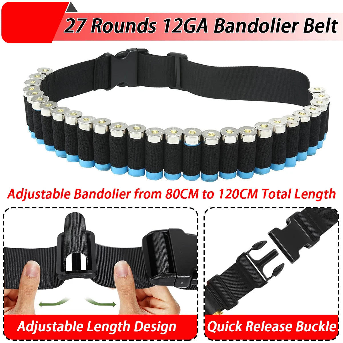 Bandolier pour fusil de chasse 12GA, 27 cartouches réglables, support de coque de calibre 12, sangle de taille, accessoires de chasse et de tir