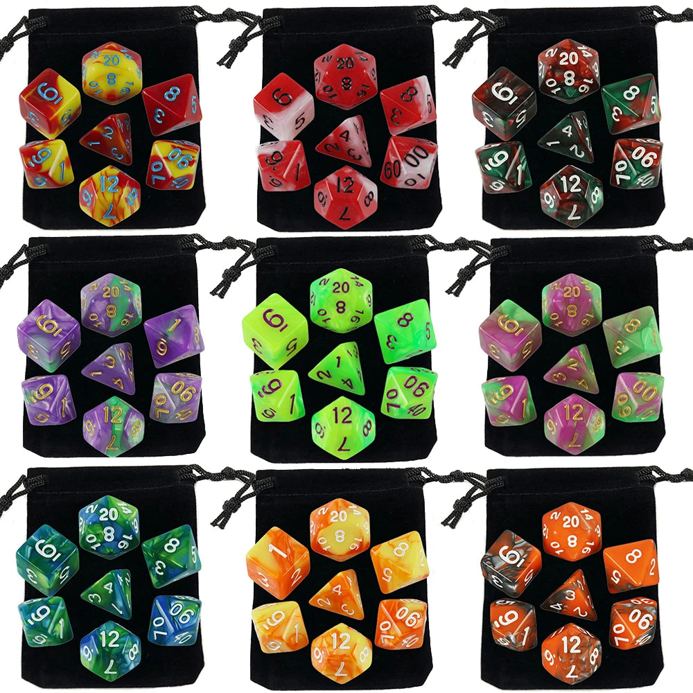 Dados poliédricos con bolsa, juego de mesa, desayunos, DnD, d4,d6,d8,d10,d %,d12,d20, 7 piezas
