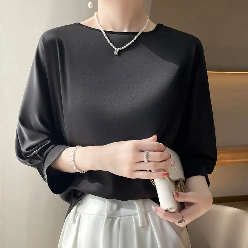 Nouveauté 2026 – T-shirt basique en satin de soie à manches courtes pour femme, col rond, coupe décontractée et légère, chemisier ample pour femme