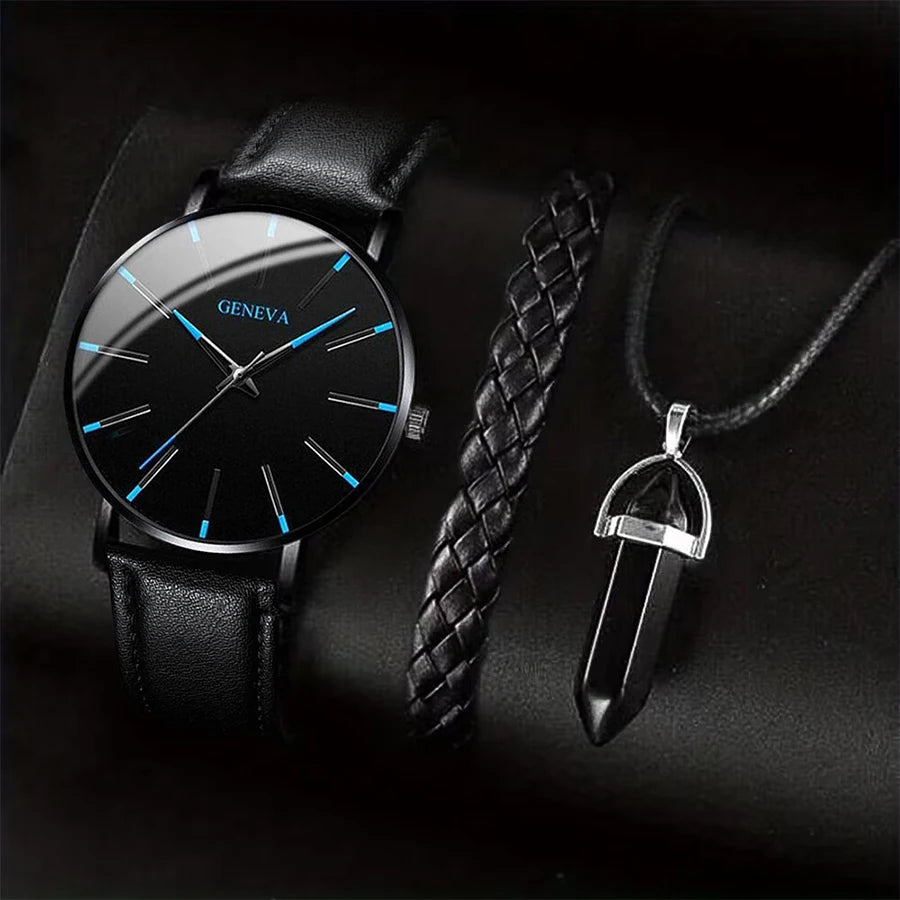 Ensemble Montre Bracelet Collier Homme 3 Pièces — Cuir Décontracté Quartz
