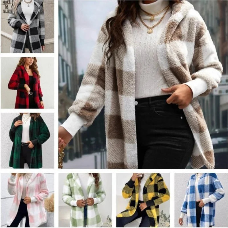 Women's Plaid Double Fleece Cardigan, Soft Loose Long Sleeve Plush Warm Hooded Jacket, Patchwork Outerwear Coat, Autumn Winter