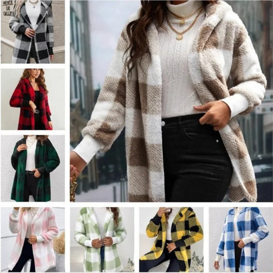 Women's Plaid Double Fleece Cardigan, Soft Loose Long Sleeve Plush Warm Hooded Jacket, Patchwork Outerwear Coat, Autumn Winter