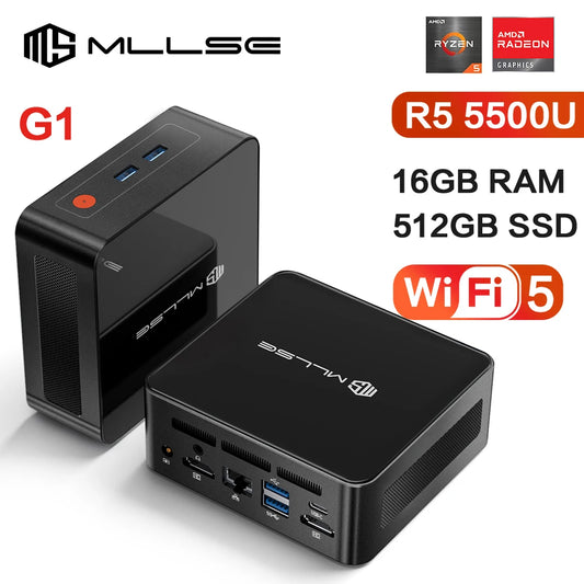 Mini PC MLLSE G1, AMD Ryzen5 5500U, DDR4 16 Go de RAM, SSD 512 Go, WiFi5, BT4.2, Windows 11 Pro, ordinateur de bureau miniature pour le jeu et le travail