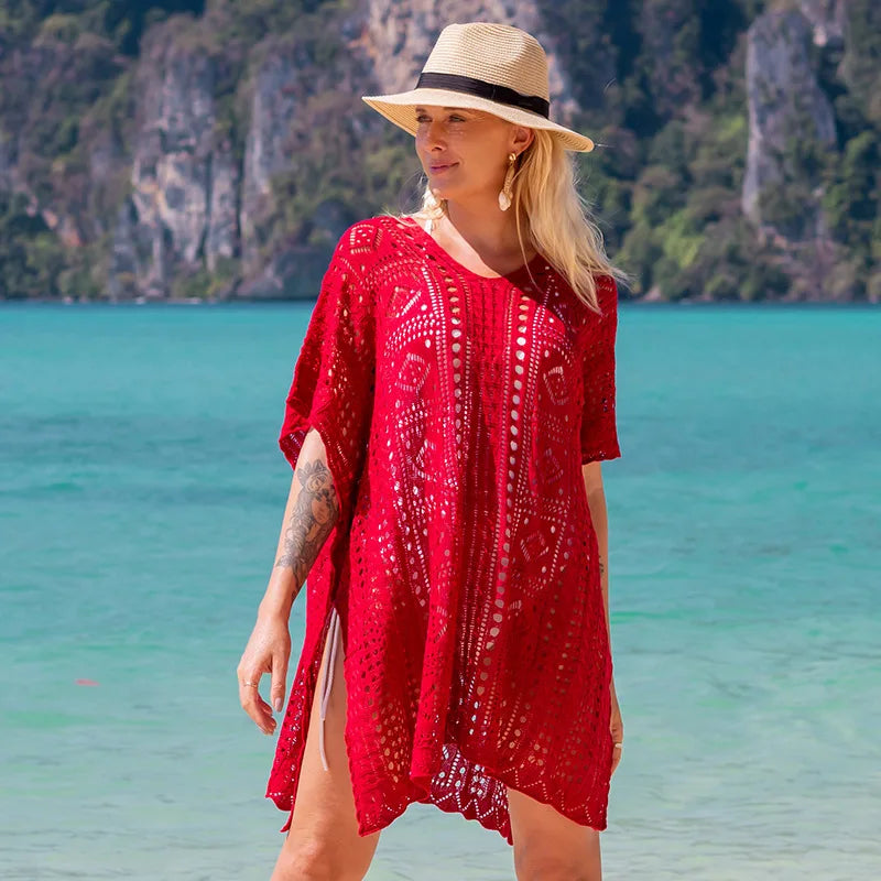 Robe tunique longue crochet blanc tricoté — plage, paréo, bikini, cache-maillot, 2025