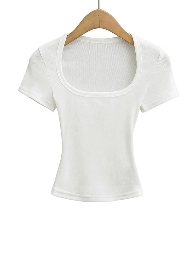 Haut Court Col Carré Femme — Coupe Cintrée, Extensible, Manches Courtes, Sexy Été