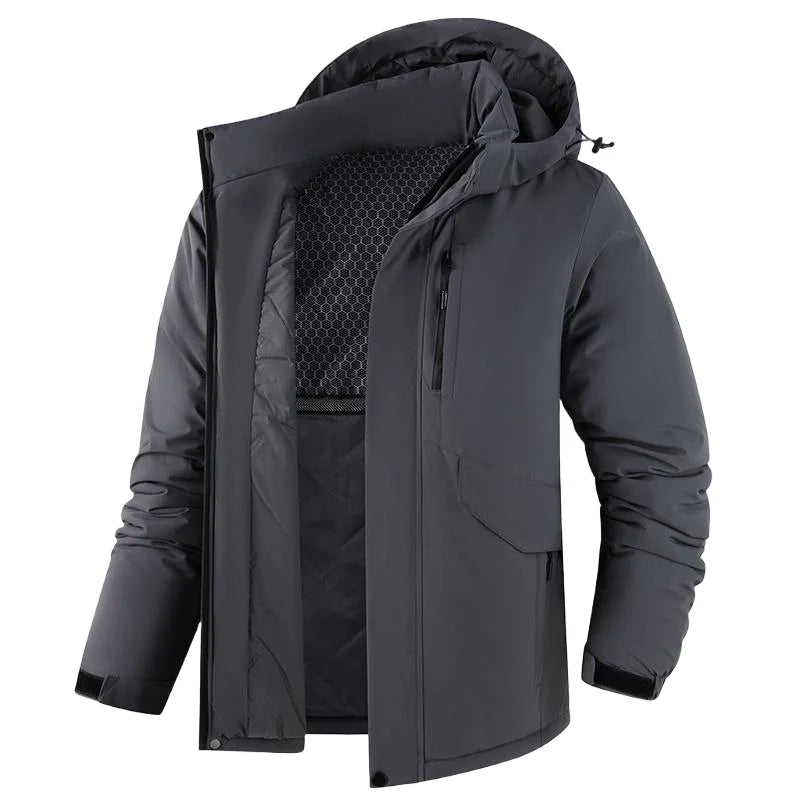 Men's thick waterproof winter jacket, windproof, detachable hood, multi-pockets, work windbreaker, Safari