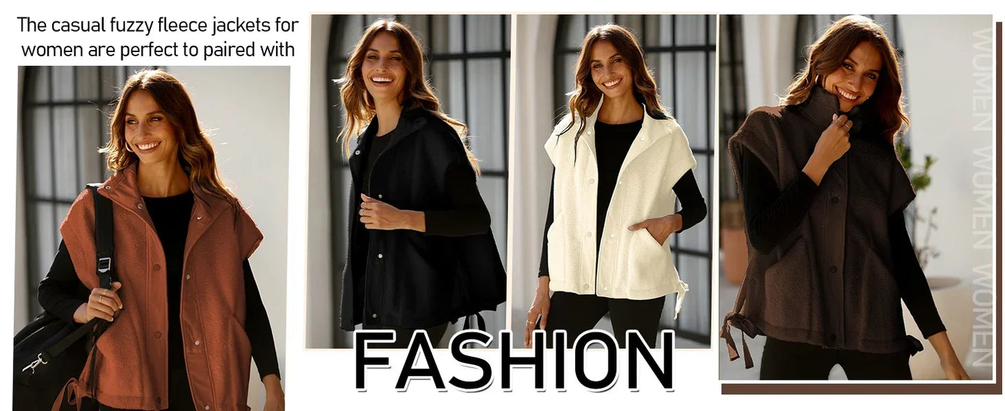 Chaleco polar de felpa para mujer, de talla grande, sin mangas, Sherpa, cálido, con botones, prendas de abrigo con bolsillos