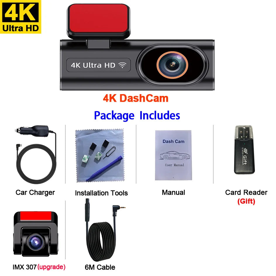 Ultra HD Dash Cam, 4K Loop Recording, Optional 24H Parking Monitoring, 1080P Night Vision, Rear Camera, Supports WiFi App Control