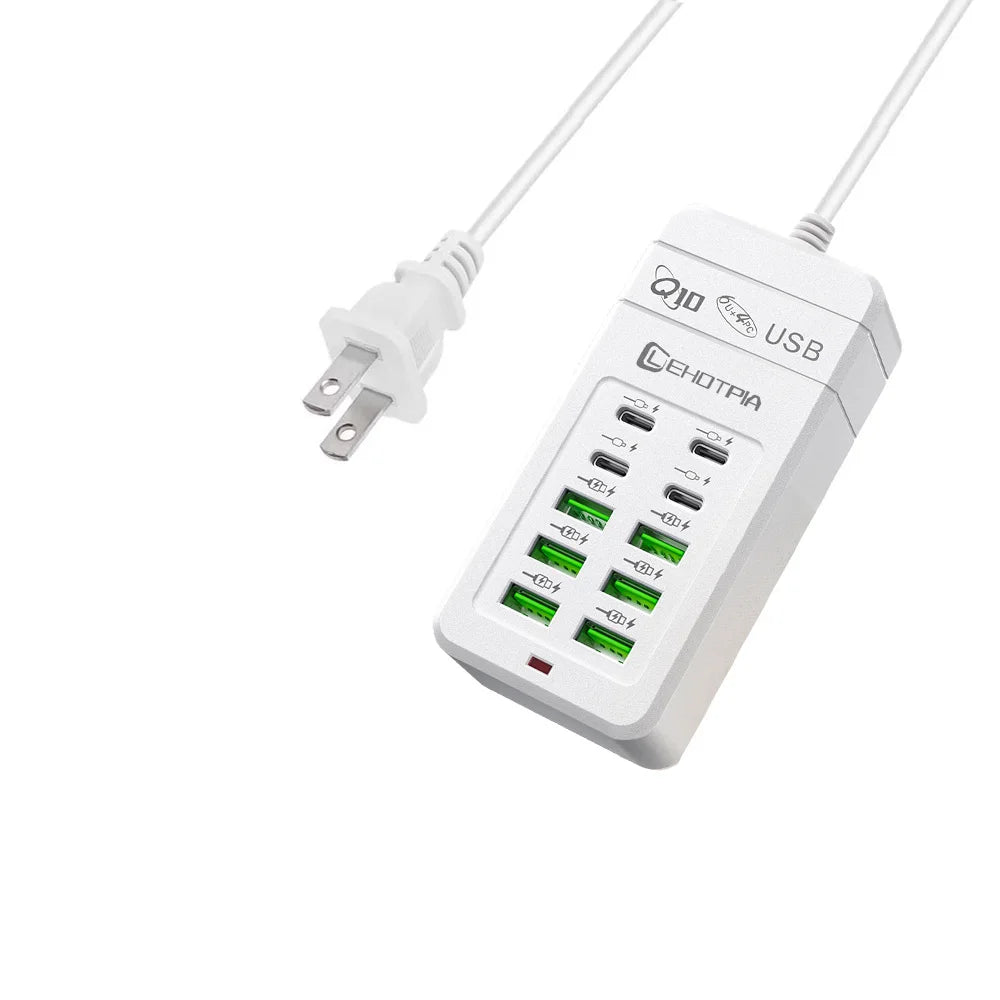 Multi-Fast USB Charger, EU UK US Plug, Power Adapter, 1.2m Extension Cord, 6 USB-A 4 USB-C, Portable for Mobile Phone