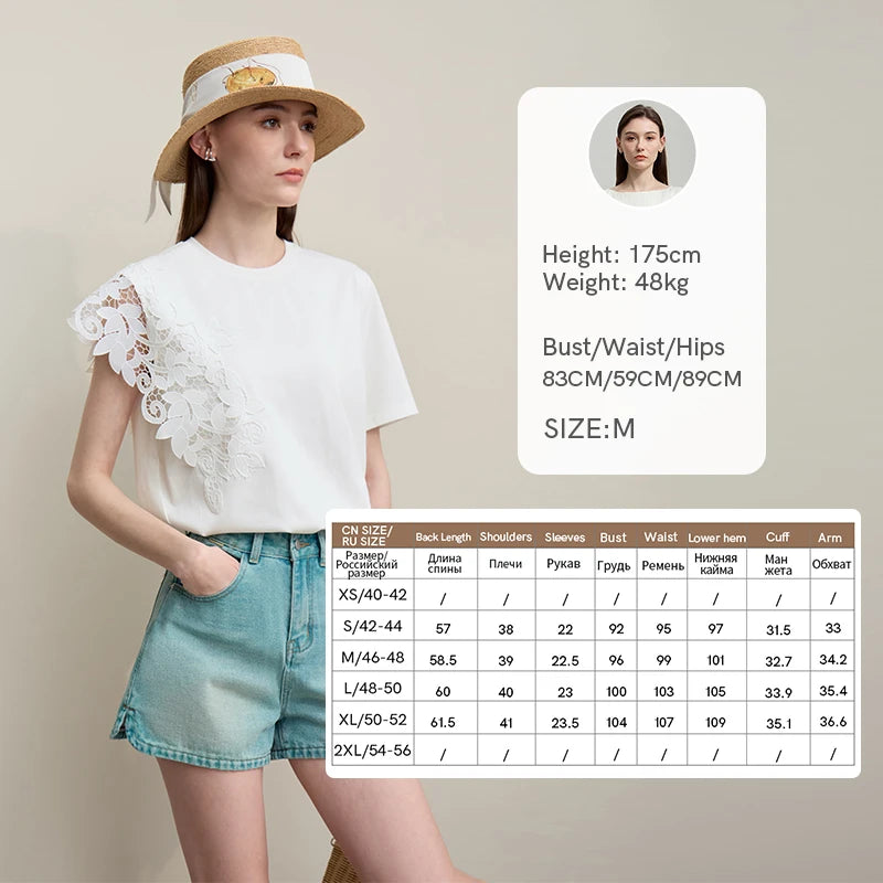 T-shirt femme 2026 été — col rond, coton, anti-transpiration, dentelle asymétrique, ample, manches courtes