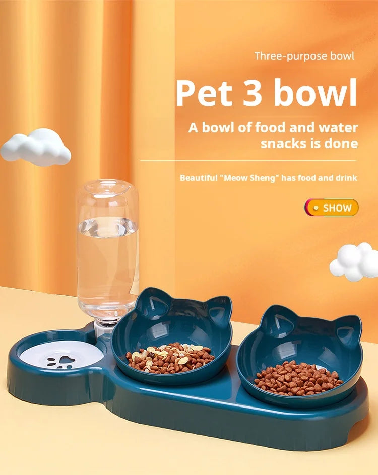 Ensemble de bols à eau et à nourriture pour animaux de compagnie avec mangeoire, conception d'oreille inclinée, bouteille d'eau par gravité pour la protection du cou, 3 en 1