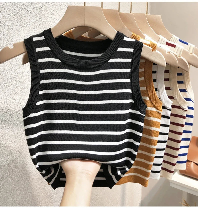 Débardeurs rayés tricotés sans manches pour femme, collection Printemps-Été 2026, style crop top, coupe ajustée élastique, décontracté, pull-over, camisole