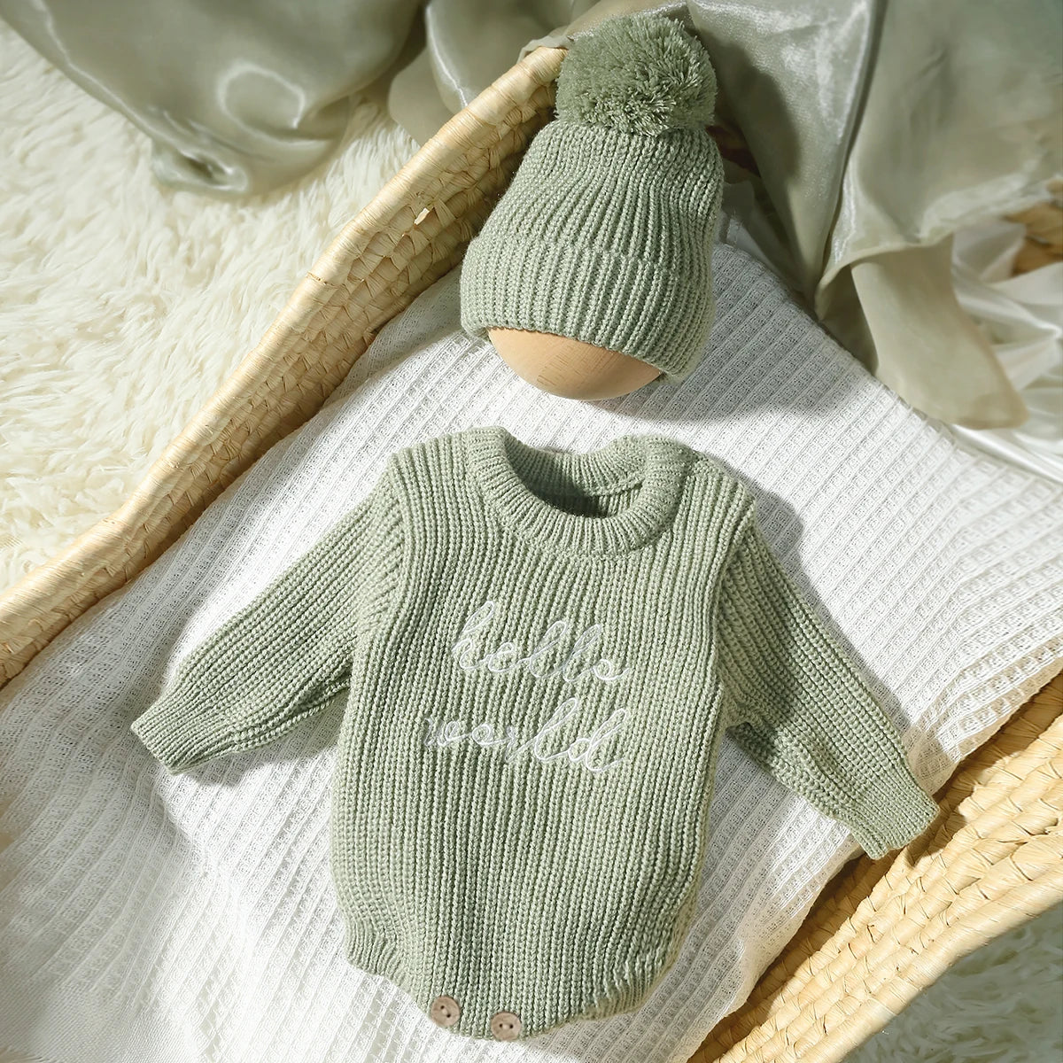 Barboteuse tricotée pour nouveau-né photographie — chapeau à pompon, pull bébé, séance photo HD (v3)