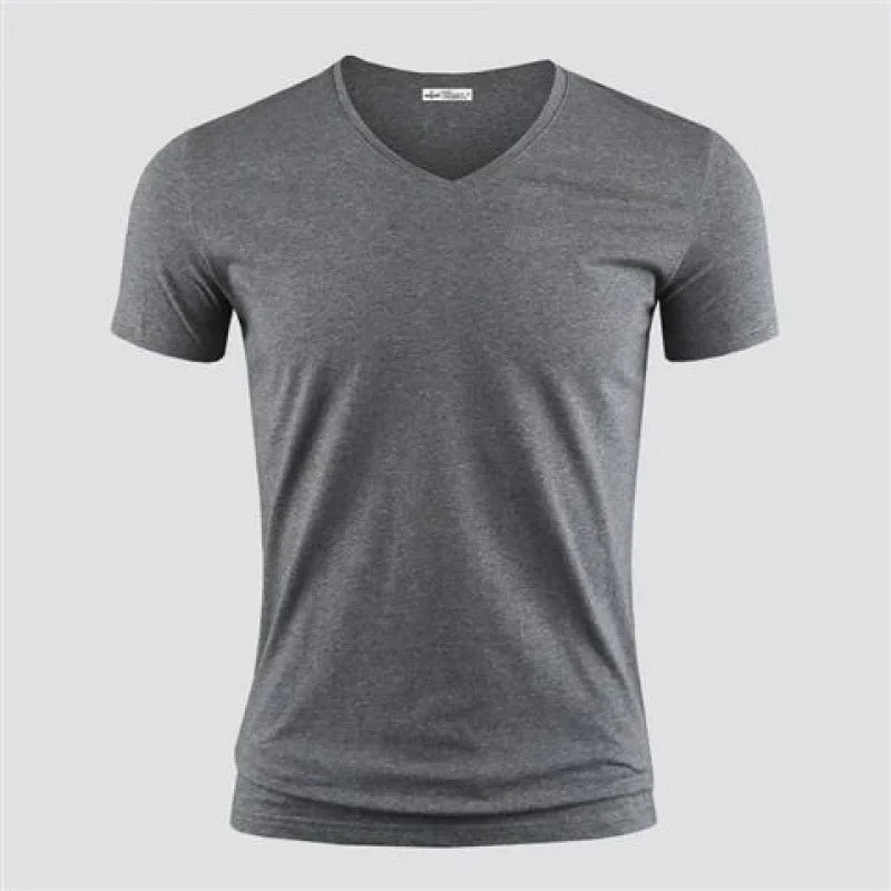 2026 hommes T-Shirt couleur Pure col en V à manches courtes hauts T-Shirts hommes T-Shirt collants noirs homme T-Shirts Fitness pour vêtements masculins