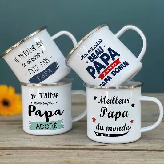 Meilleur papa et maman du monde tasse imprimée française boisson en plein air lait tasse à café Camping tasses en émail cadeau d'anniversaire festif pour papa maman
