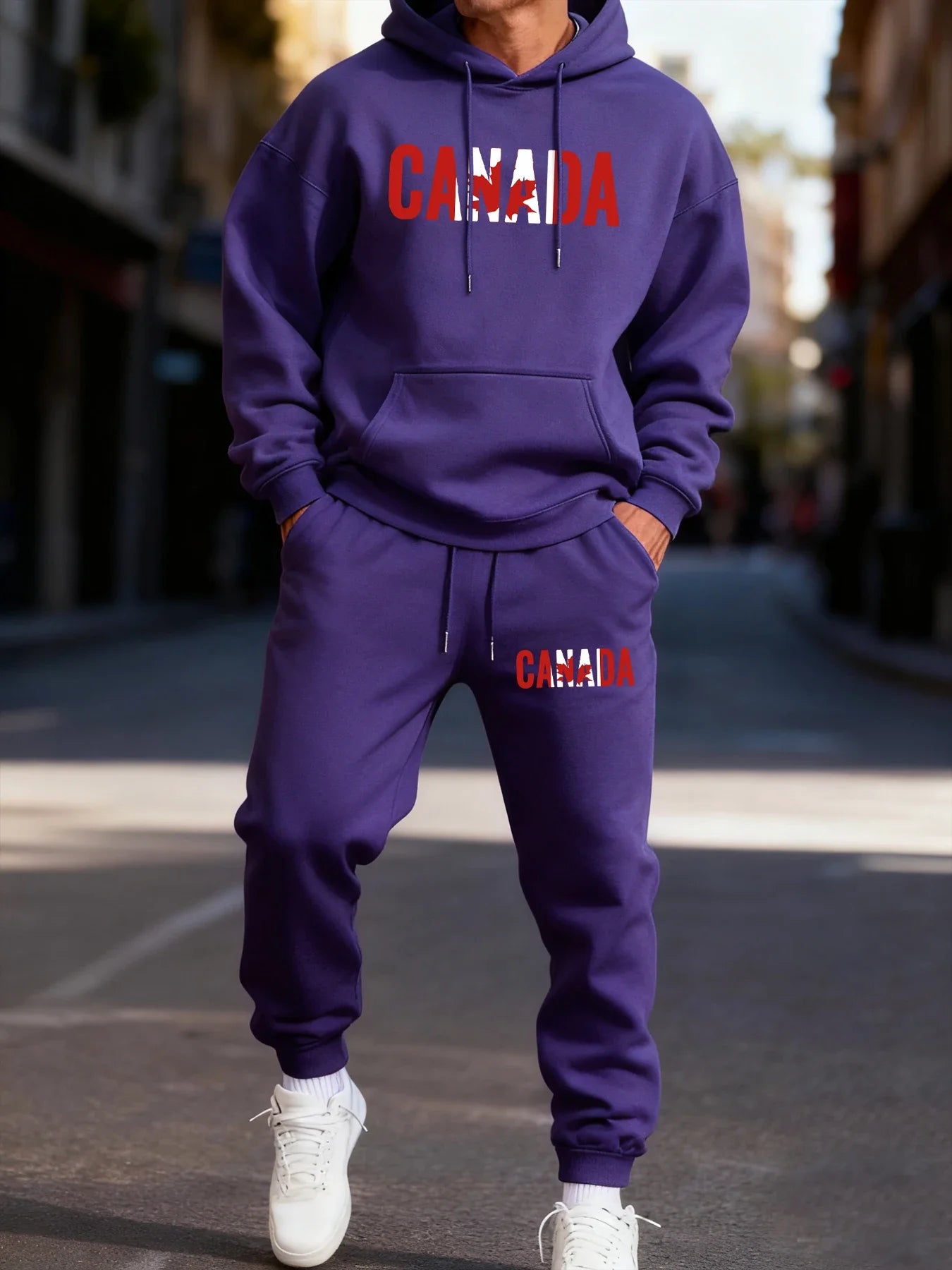 Canada Maple Leaf Print Men's Hoodie Fleece Autumn Two-Piece Sets Casual Winter Pants